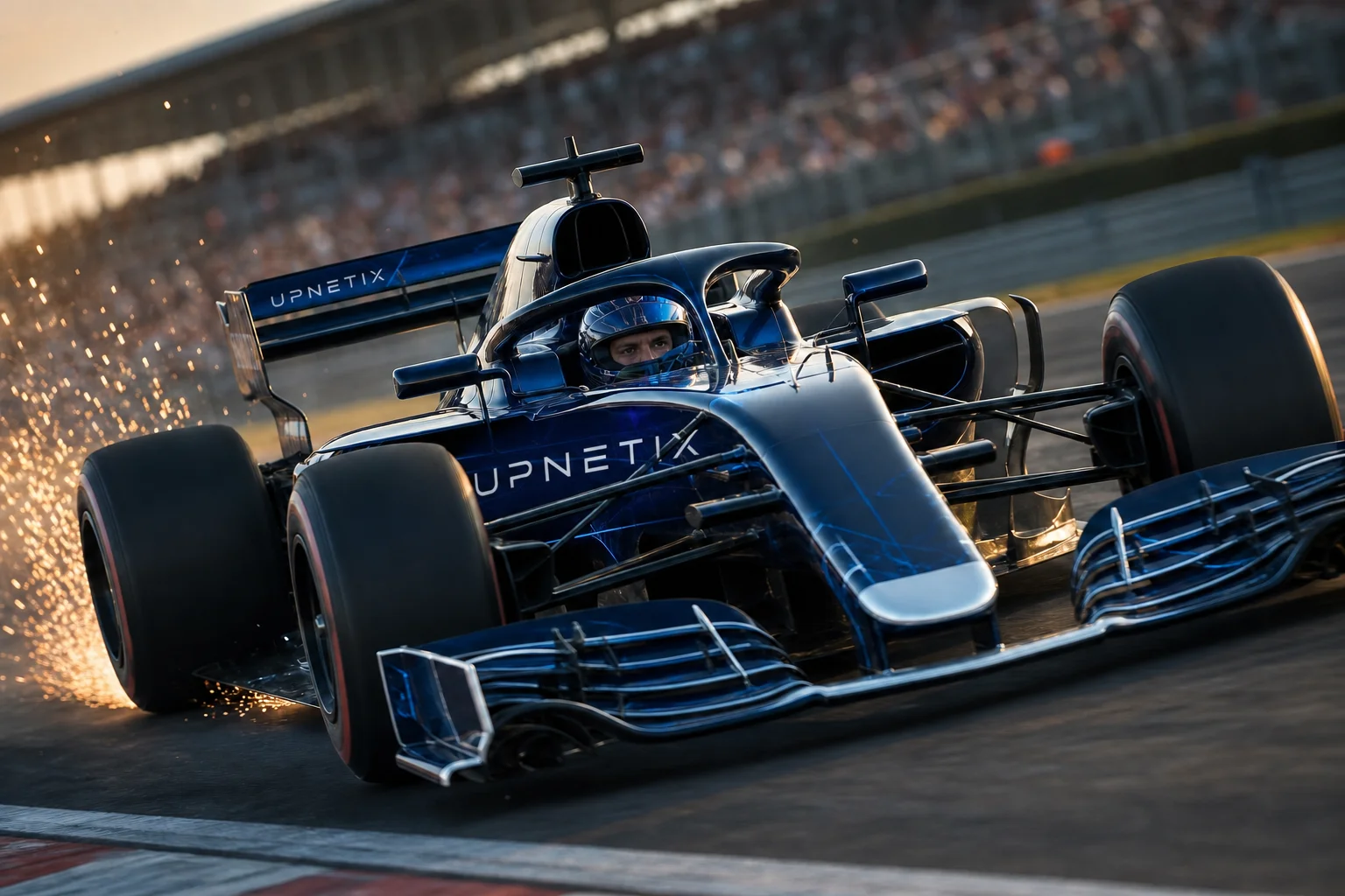 Carro de Fórmula 1 azul-marinho com a marca Upnetix em curva de autódromo, piloto no cockpit.
