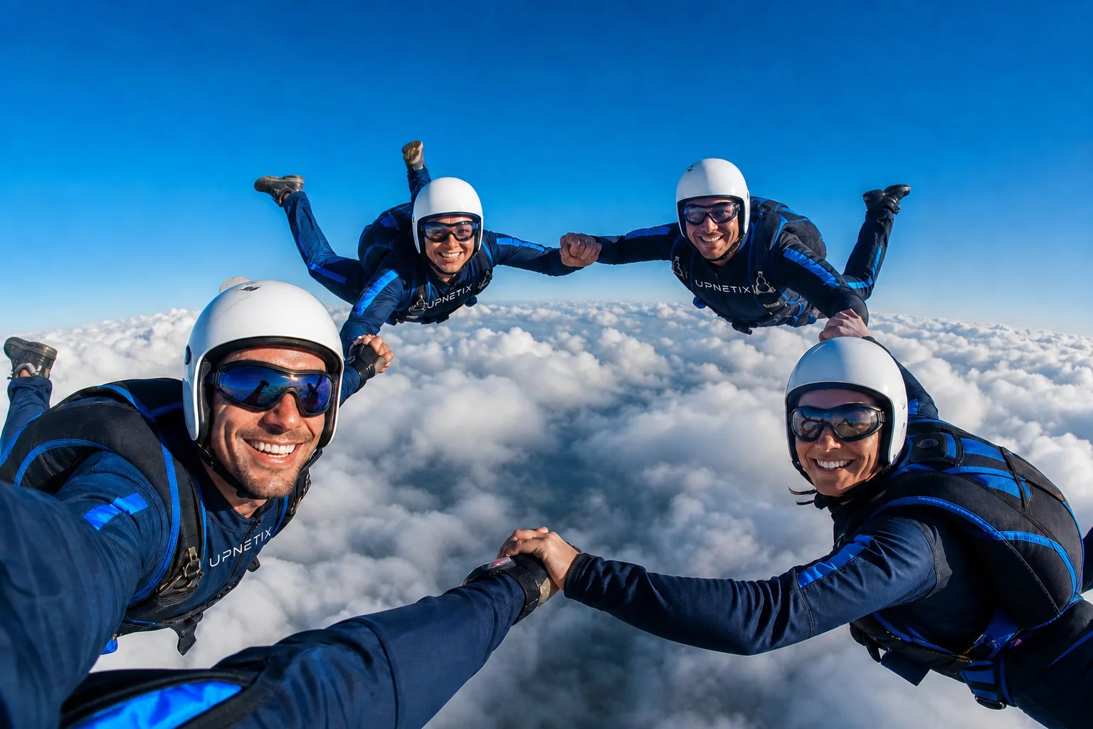 Paraquedistas com macacões Upnetix em formação sobre um mar de nuvens.