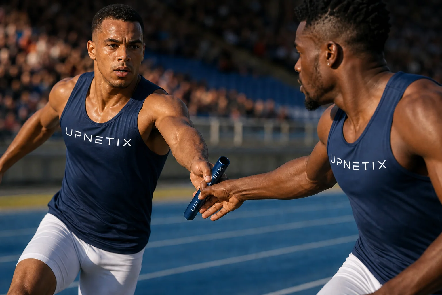 Dois velocistas com uniformes Upnetix passando o bastão numa prova de revezamento.