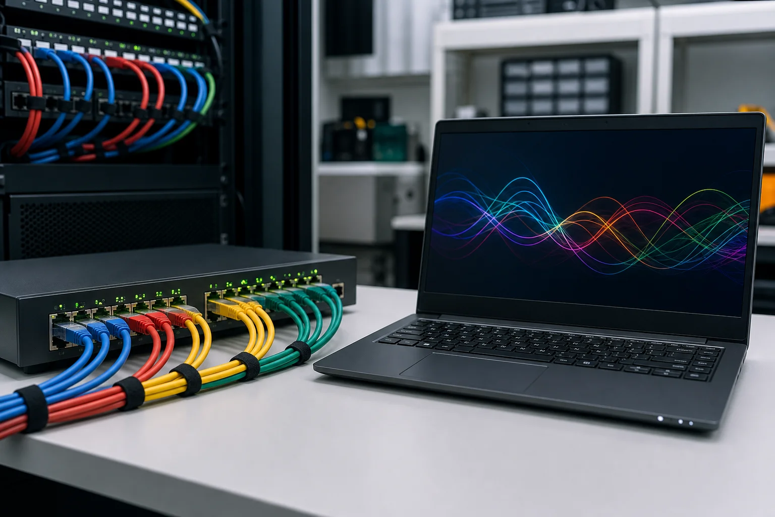 Roteador doméstico com cabo de rede conectado e luzes de atividade acesas