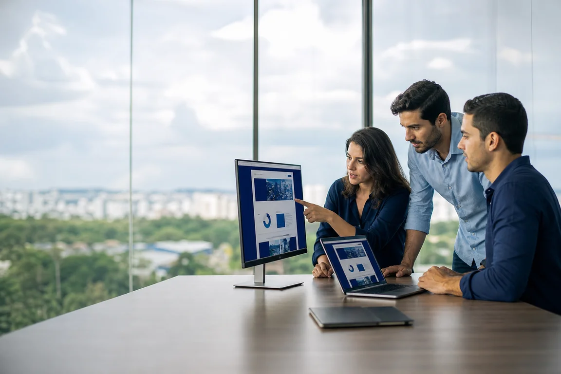 Equipe revisando o novo site da empresa em um monitor grande, em escritório com vista para a cidade.