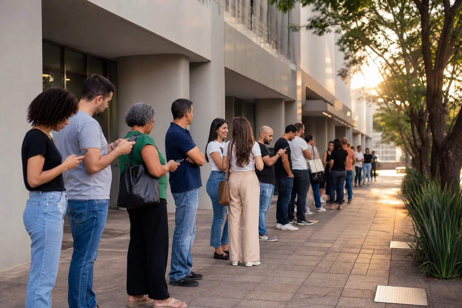 Fila tranquila em frente a um prédio público, com pessoas usando o celular enquanto aguardam.