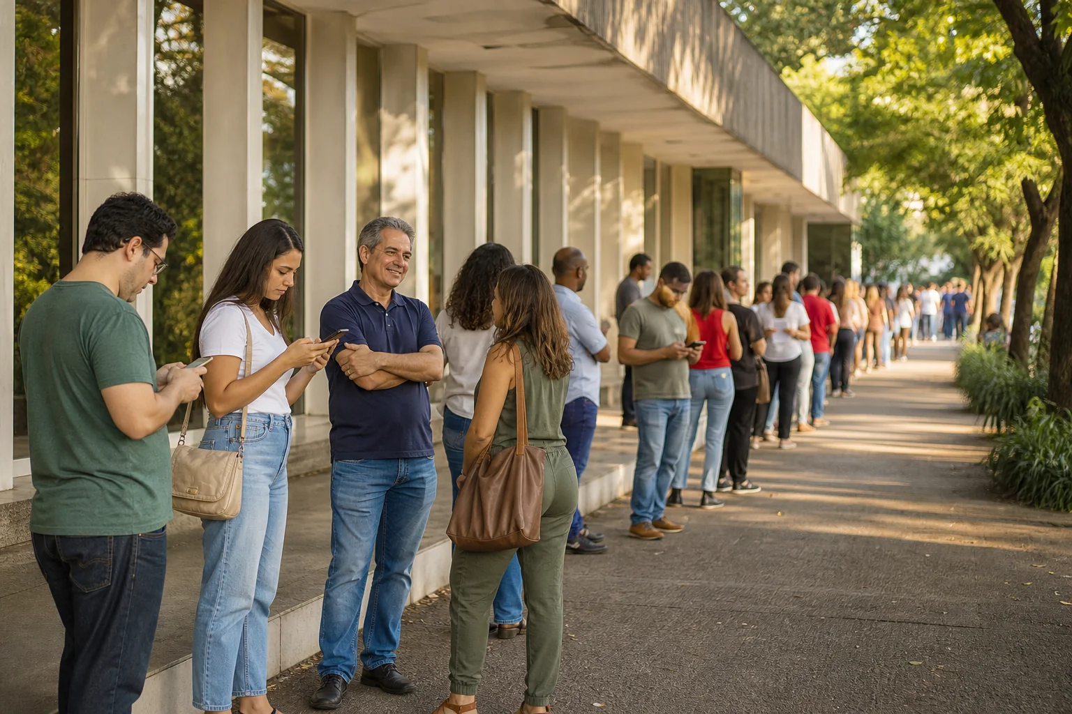 Fila tranquila em frente a um prédio público, com pessoas usando o celular enquanto aguardam.