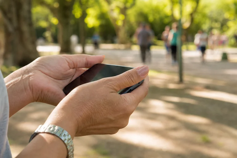Mãos de uma cidadã usando o celular em praça pública.