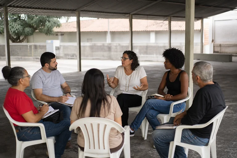 Roda de conversa comunitária em espaço público coberto.
