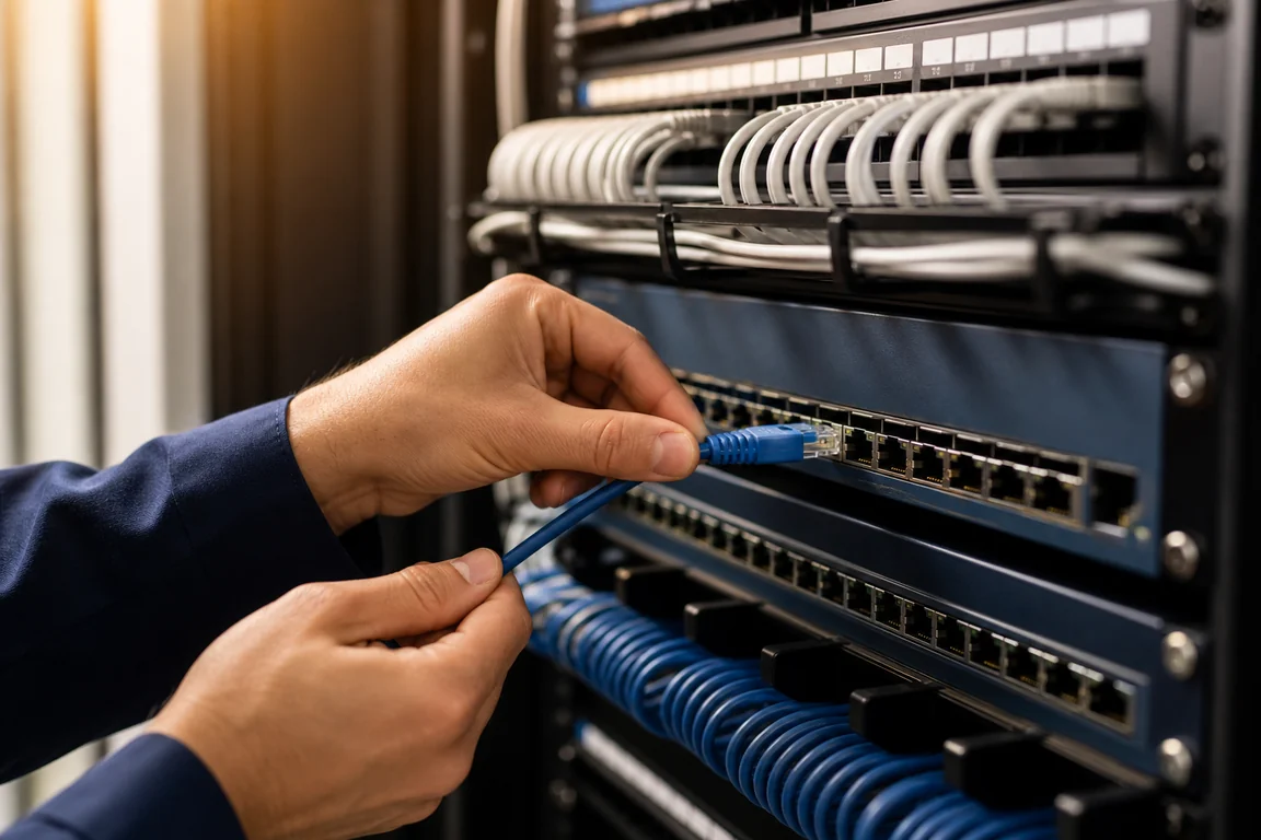 Mãos configurando um switch