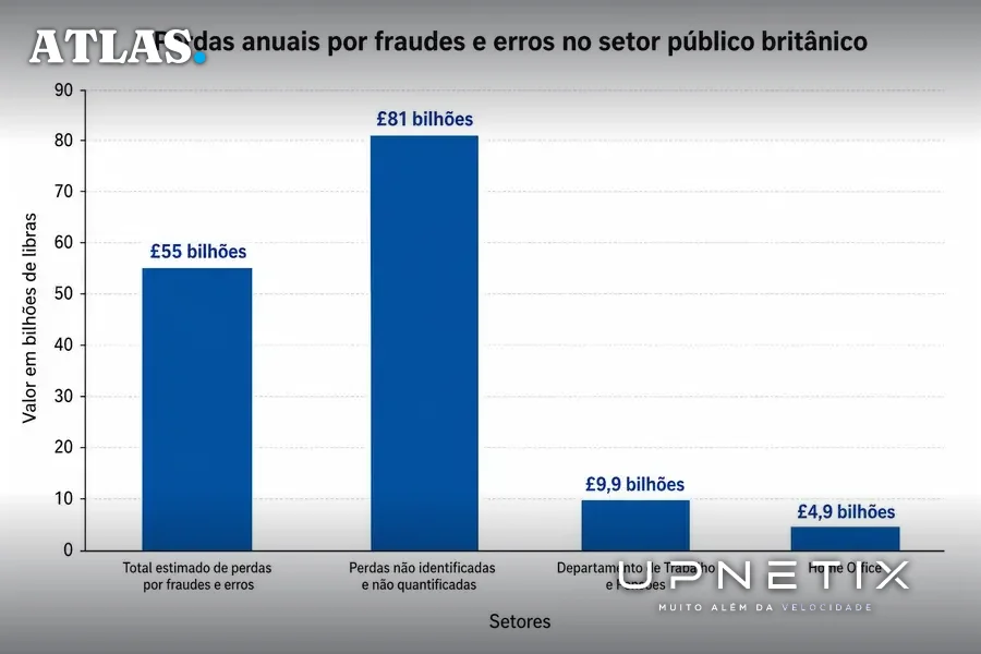 Gráfico de barras mostrando perdas anuais por fraudes e erros em setores do governo britânico.