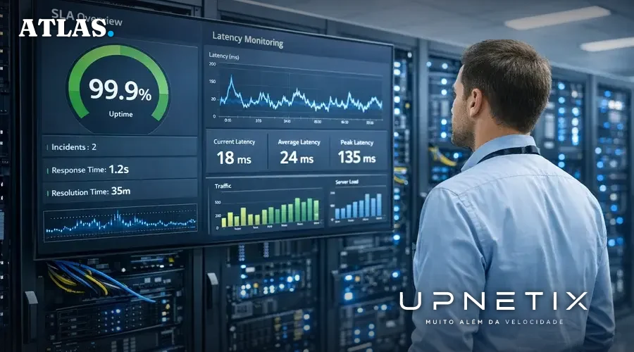 Engenheiro monitora infraestrutura de data center com painéis de SLA e latência, destacando a importância da base técnica robusta.