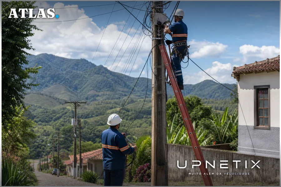 Técnicos instalando fibra óptica em área rural representando desafios dos provedores regionais.