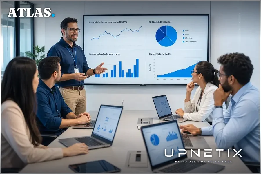 Reunião corporativa de profissionais brasileiros discutindo infraestrutura de inteligência artificial em sala de conferência moderna