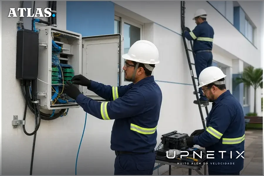 Técnicos instalando equipamentos de fibra óptica para conexão de internet em unidade de saúde