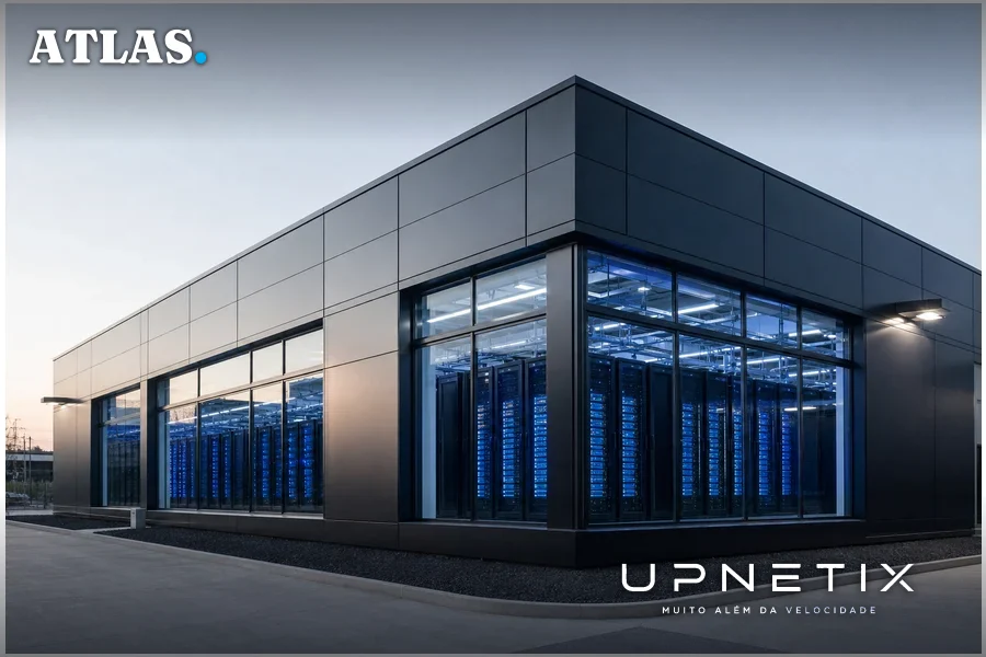 Fachada externa de data center moderno com servidores visíveis ao fundo.