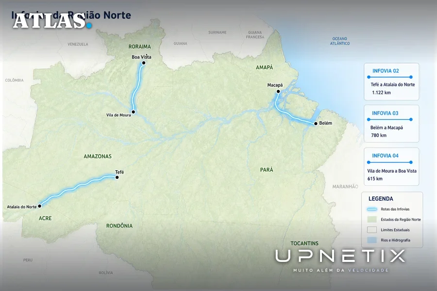 Mapa realista destacando as rotas das Infovias 02, 03 e 04 na Amazônia e suas extensões em quilômetros.