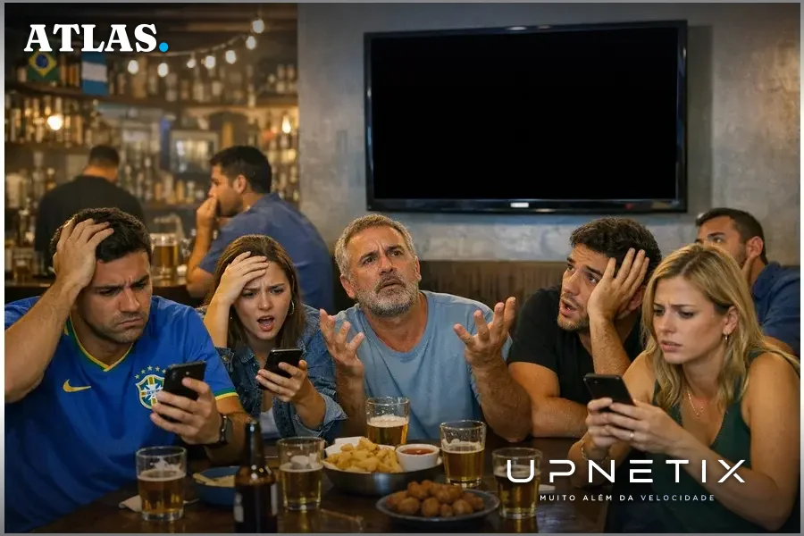 Pessoas em um bar no Brasil olhando para celulares e TV com tela preta durante transmissão de jogo da Copa do Mundo.
