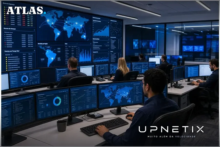 Sala de monitoramento da Abin com operadores acompanhando ameaças a infraestruturas críticas.