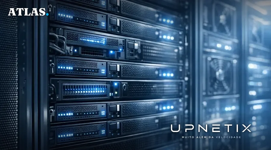 Servidores de data center realista armazenando grandes volumes de dados anatômicos, luzes azuis, ambiente seguro e moderno.