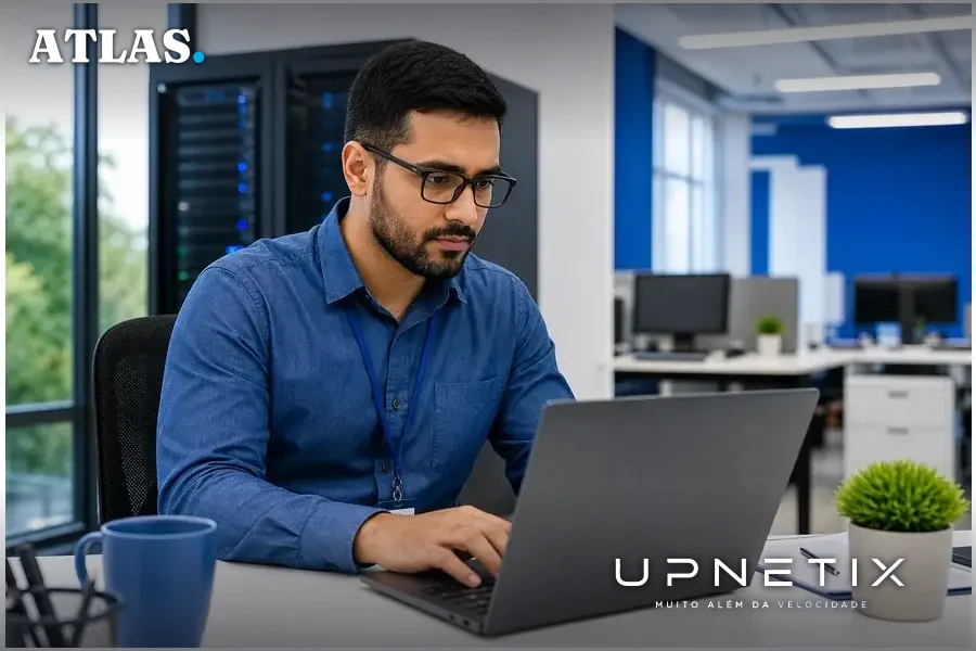 Administrador de sistemas verificando atualizações do Virtualizor em laptop.