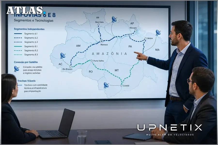 Diagrama mostrando divisão das infovias 6 e 8 em segmentos e uso de conexão via satélite na Amazônia