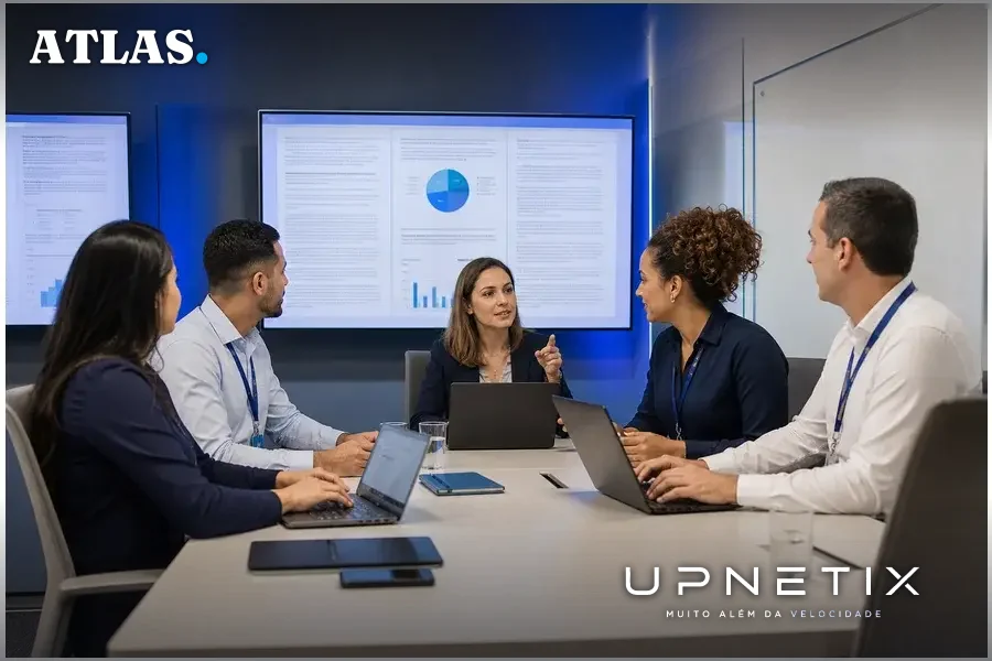 Equipe de auditores internos do Assaí utilizando tecnologia digital em reunião corporativa.