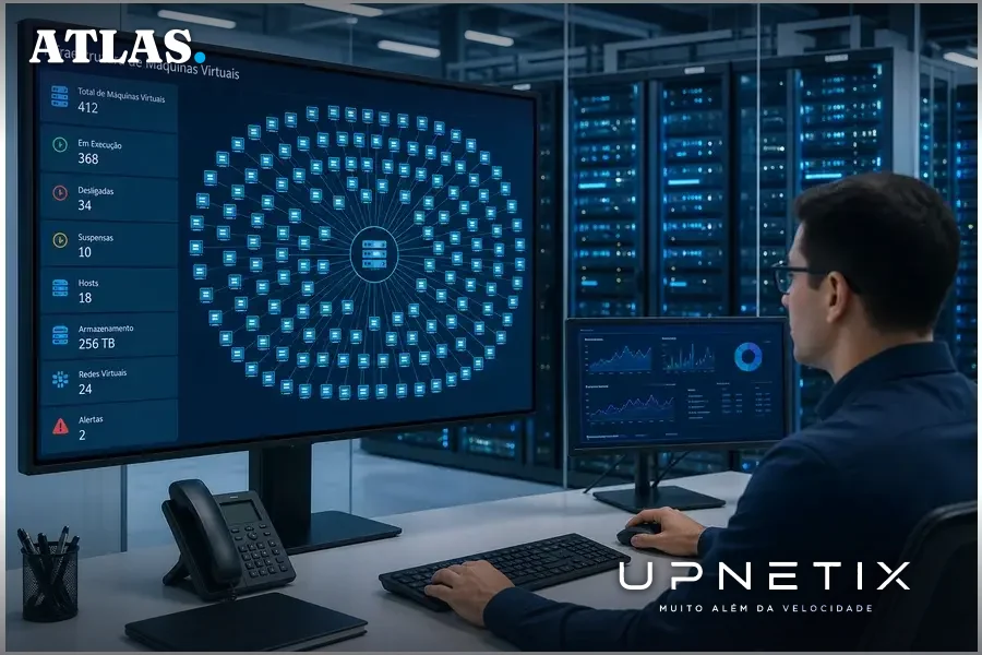 Data Center moderno com servidores e visualização abstrata de máquinas virtuais interconectadas.