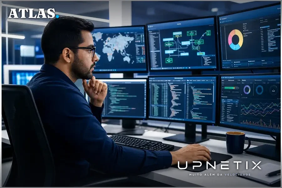 Profissional de cibersegurança analisando múltiplos alertas em ambiente corporativo.