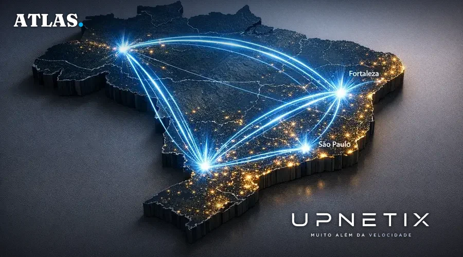 Mapa estilizado do Brasil à noite com conexões luminosas representando o tráfego entre os principais IX.br.