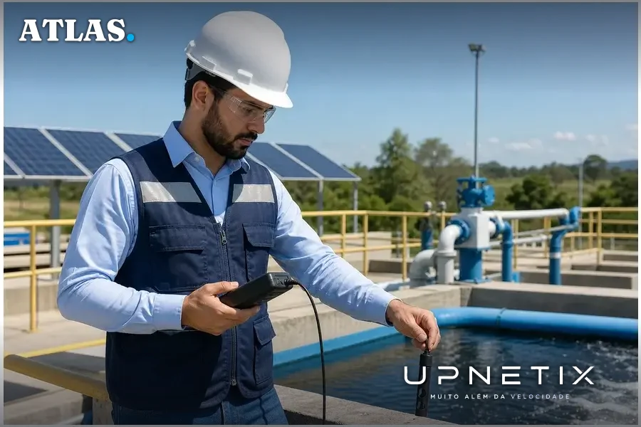 Engenheiro ambiental inspecionando infraestrutura sustentável de saneamento com painéis solares.
