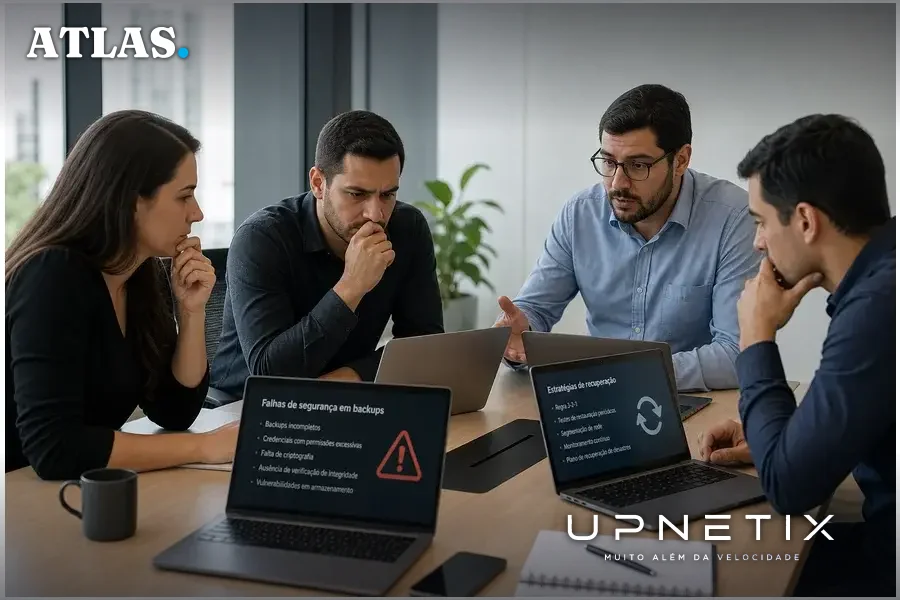 Equipe de TI discutindo vulnerabilidades em sistemas de backup em reunião corporativa.