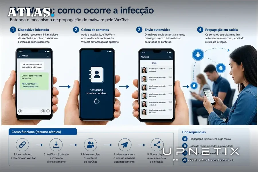 Diagrama mostrando propagação do malware WeWorm entre smartphones via WeChat.