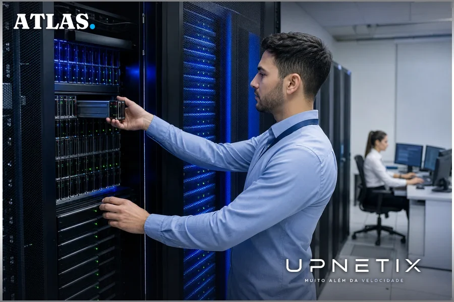 Data center com servidores PHP operando em ambiente corporativo