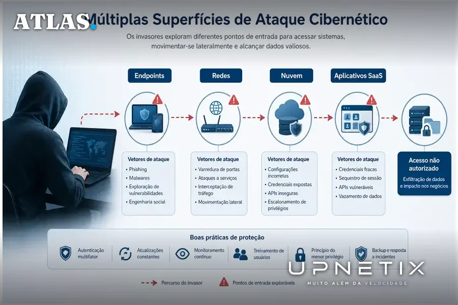 Diagrama mostrando múltiplas superfícies de ataque em cibersegurança com legendas em português.