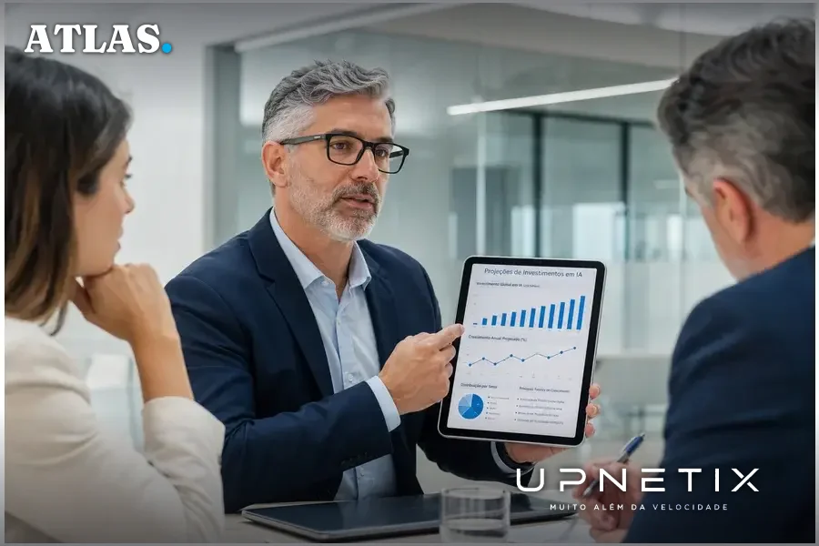 Executivo da Gartner analisando projeções financeiras de investimento em IA com equipe.