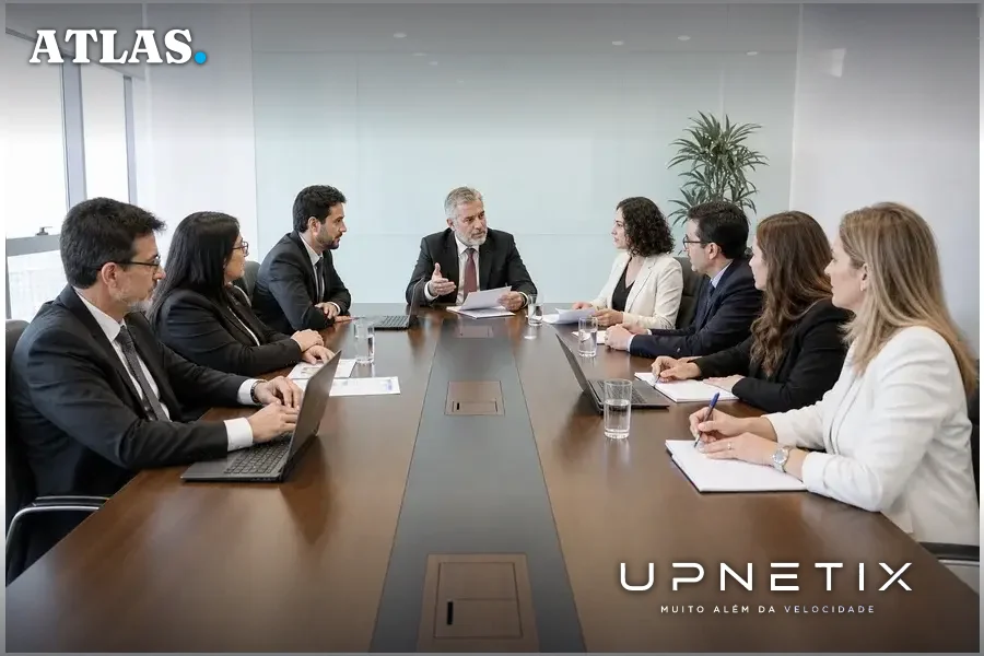 Executivos e especialistas em telecomunicações reunidos em uma sala da Anatel discutindo proposta de superintendência.
