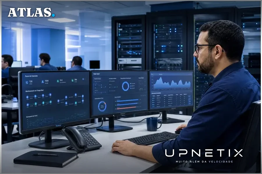 Engenheiro da Gosat Telecom monitorando sistema de chamadas automatizadas em ambiente moderno de TI