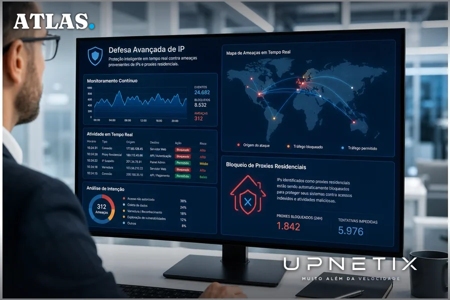 Interface digital de defesa avançada bloqueando conexões maliciosas por IP e proxies residenciais em tempo real.