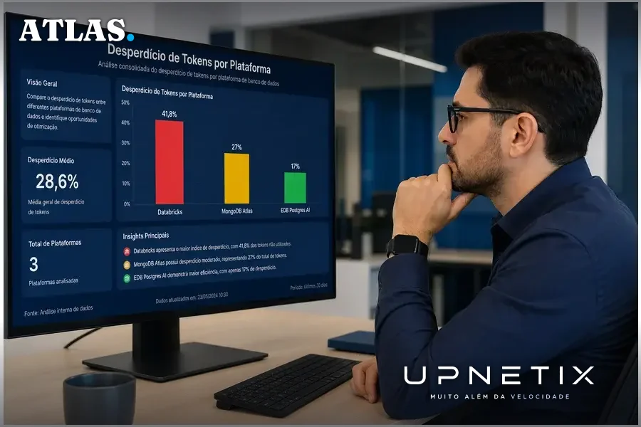Executivo de TI analisando painel digital com porcentagens de desperdício de tokens em plataformas de banco de dados.