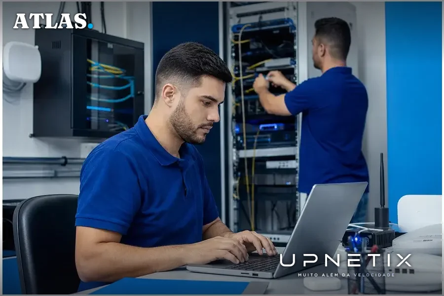 Técnicos de pequena provedora instalando equipamentos de backhaul de fibra óptica em ambiente corporativo