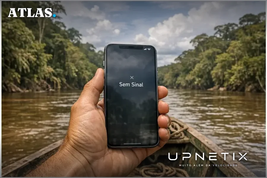 Smartphone moderno em mão de pessoa dentro de barco no rio Amazonas, floresta densa ao fundo, sem torres visíveis.