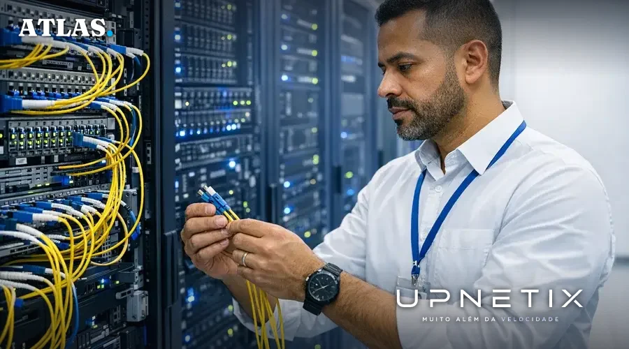 Engenheiro de redes trabalhando em data center brasileiro de alta capacidade