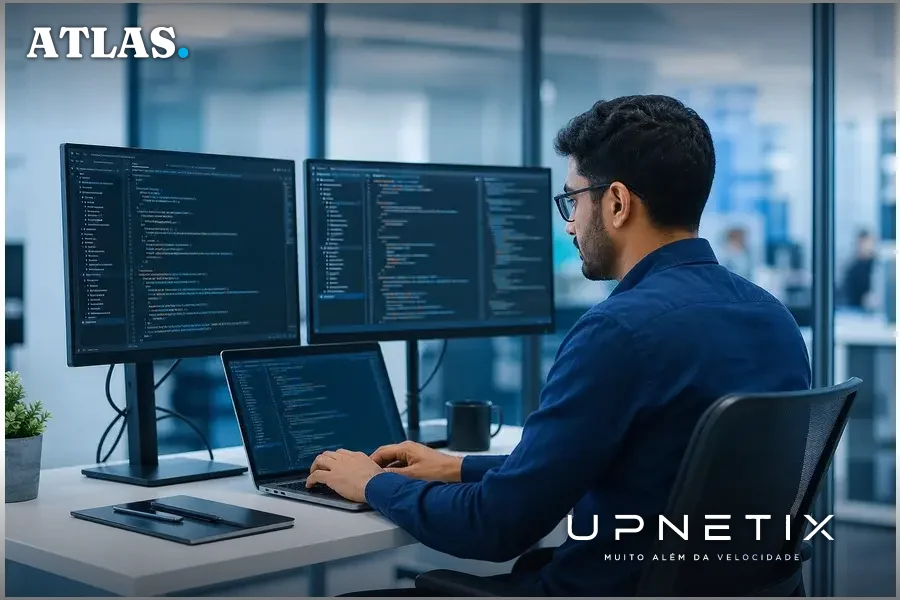 Desenvolvedor de software utilizando assistente de codificação por IA em escritório corporativo moderno
