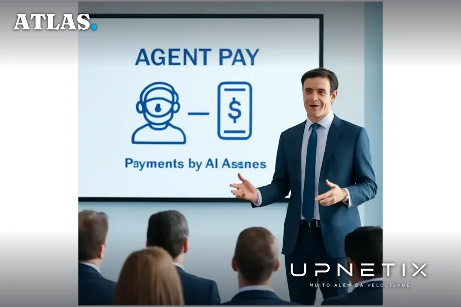 Executivo da Mastercard apresentando tecnologia Agent Pay em fórum corporativo com público atento.