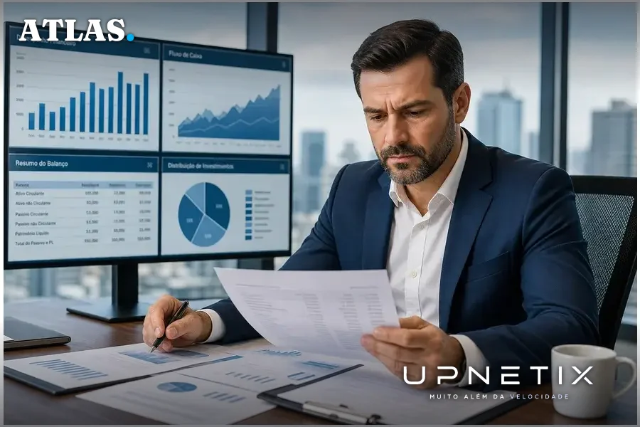 Executivo analisando documentos financeiros em escritório corporativo moderno.