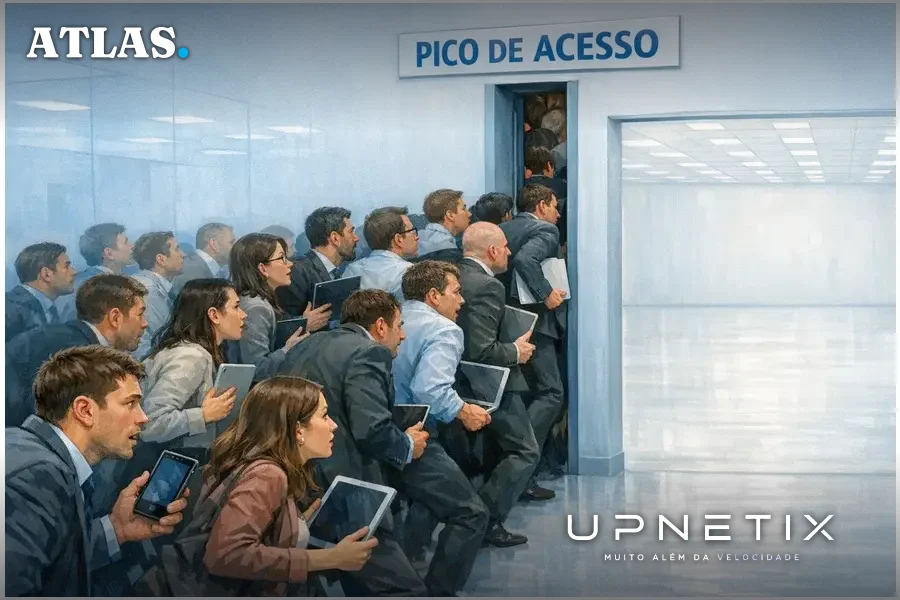 Muitas pessoas com dispositivos tentando passar por porta estreita, ilustrando gargalo de acesso em momentos de pico.