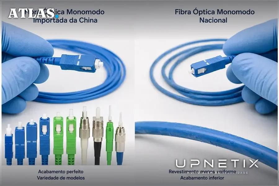 Comparação close-up entre fibra óptica monomodo importada da China e fibra óptica monomodo nacional.
