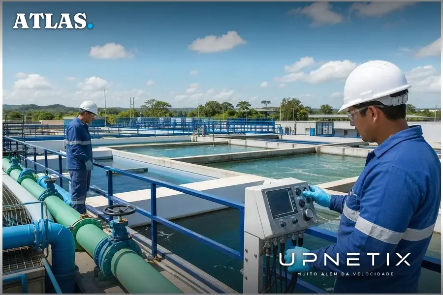 Estação de tratamento de água em operação com técnicos trabalhando em equipamentos.