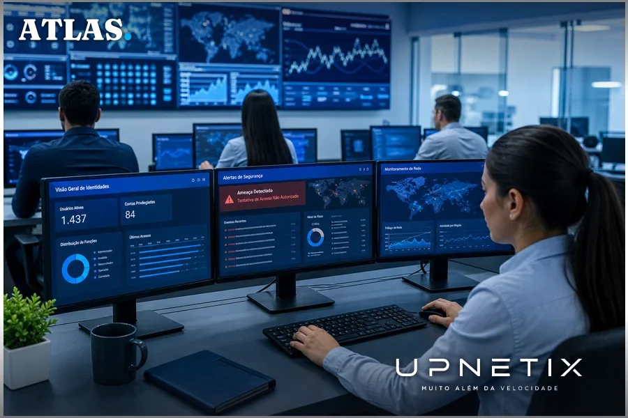 Analistas de segurança cibernética monitorando ataques digitais em tempo real.