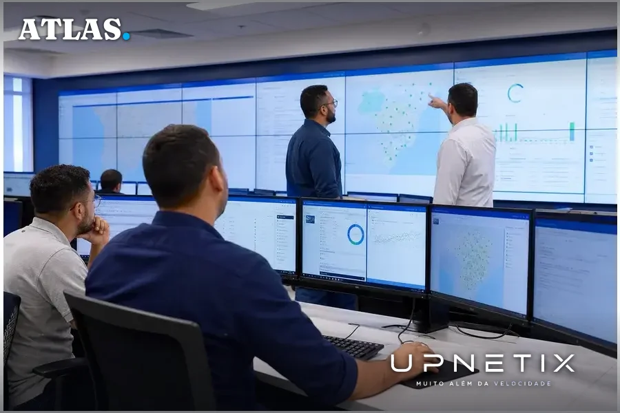 Sala de controle corporativa com técnicos analisando dados de redes celulares privativas