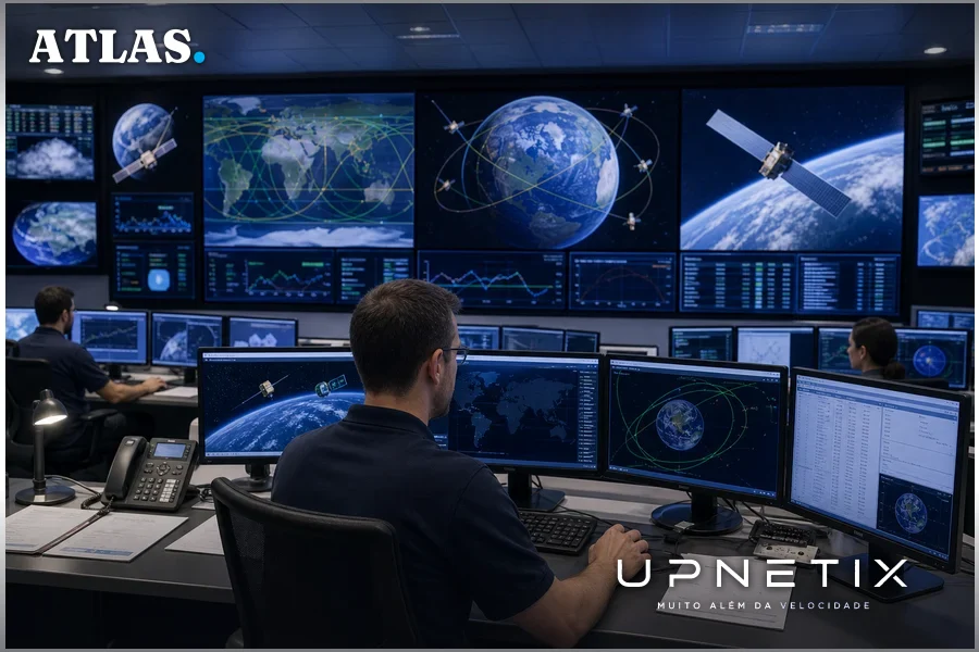Operadores em centro de controle de satélites em Toulouse, França.