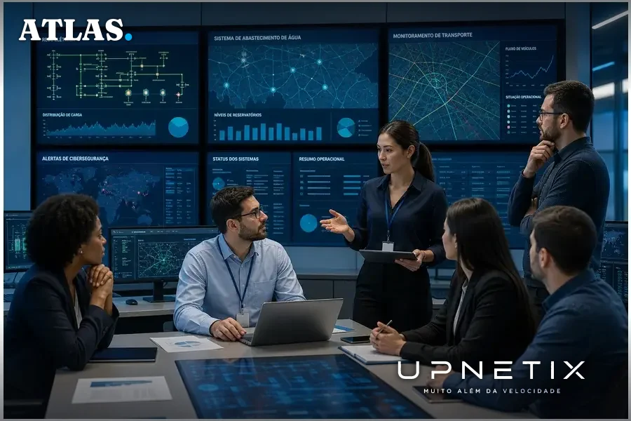 Equipe multidisciplinar trabalhando em controle de infraestrutura crítica com monitores mostrando sistemas essenciais