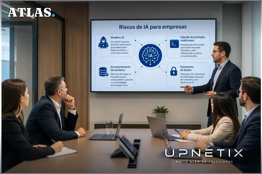 Equipe de TI discutindo riscos de segurança e compliance relacionados à inteligência artificial.